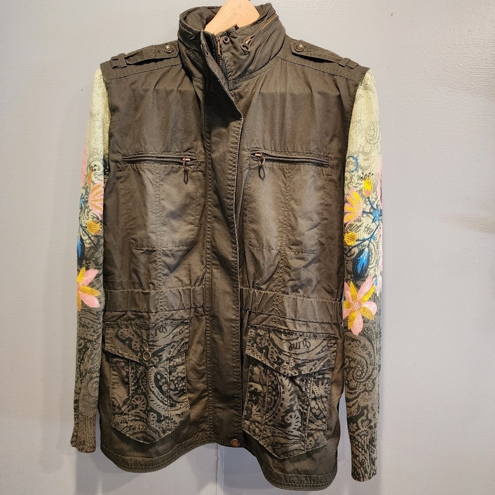 Desigual Military Style Jacket With Knit Sleeves Size 42